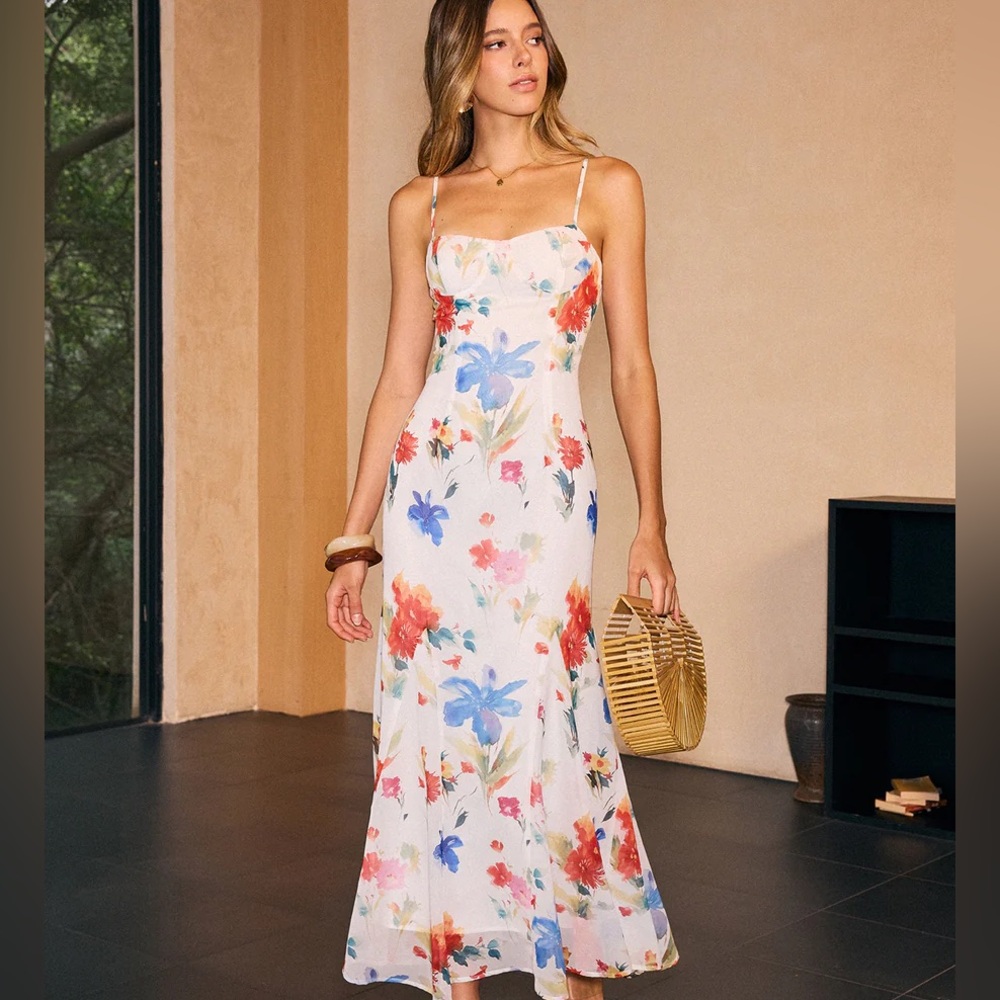 COMMENSE Semi-Sheer Floral Print Slip Maxi Dress. Women’s XS.